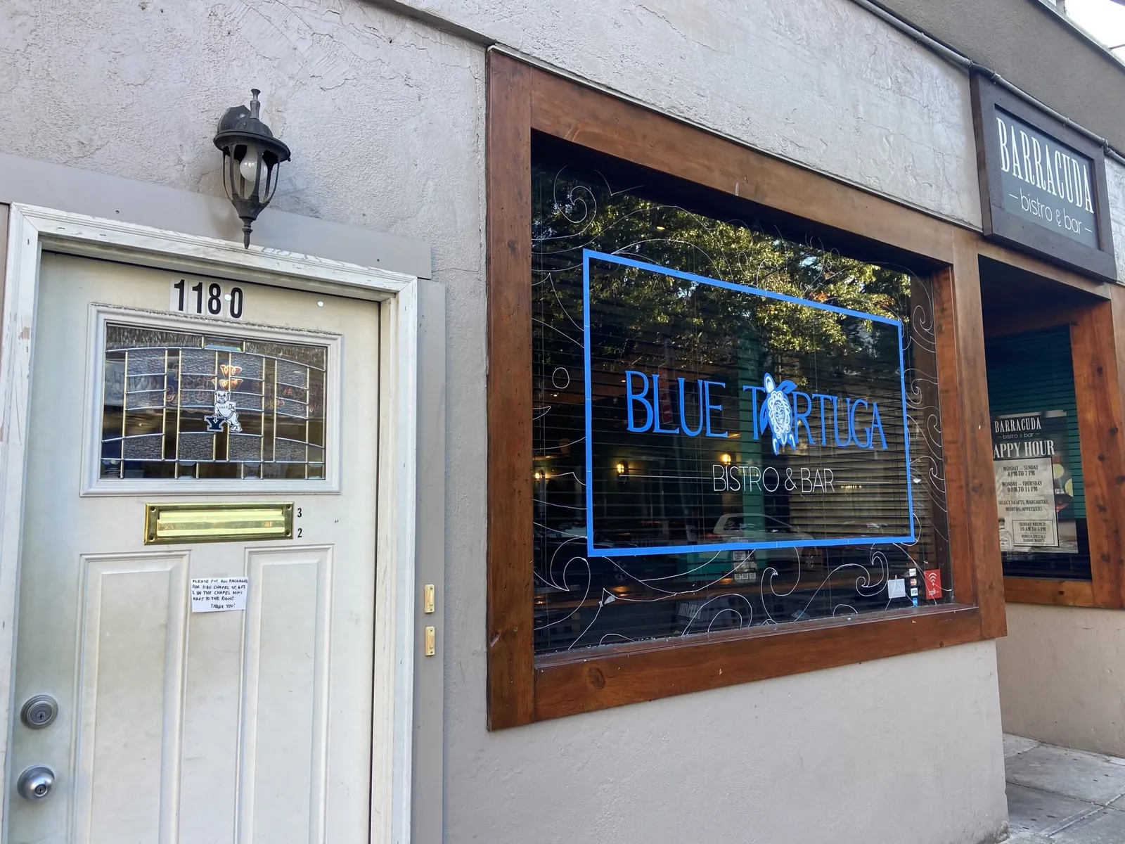 Blue Tortuga's blue window sign beside the restaurant entrance at 1180 Chapel Street