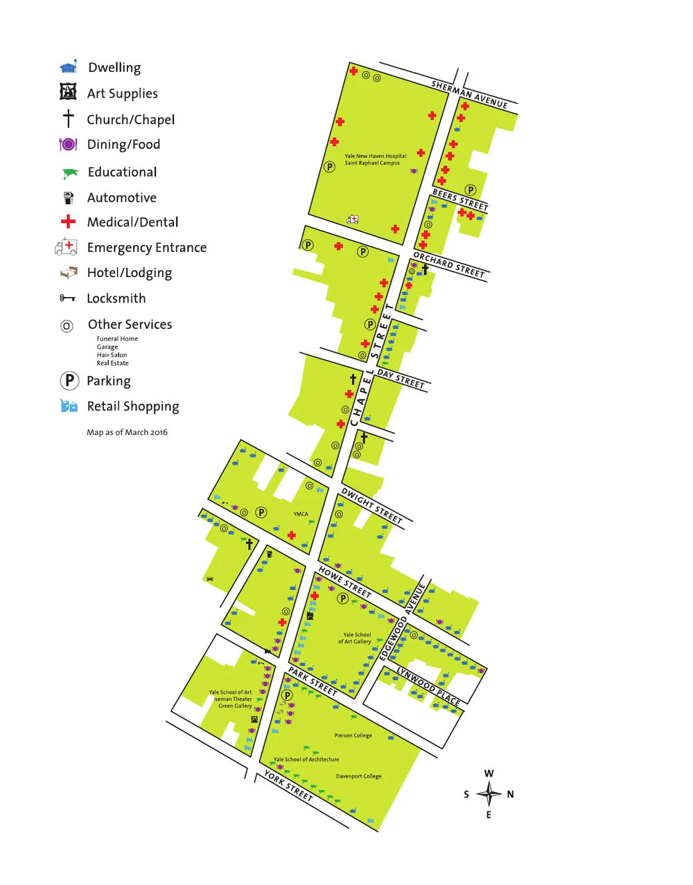 The district's printed map from March 2016: Chapel Street running diagonally from York Street to Sherman Avenue with the side streets off it, buildings shaded green, and a legend of icons for dwellings, dining, shops, medical offices, parking and the other uses along each block.