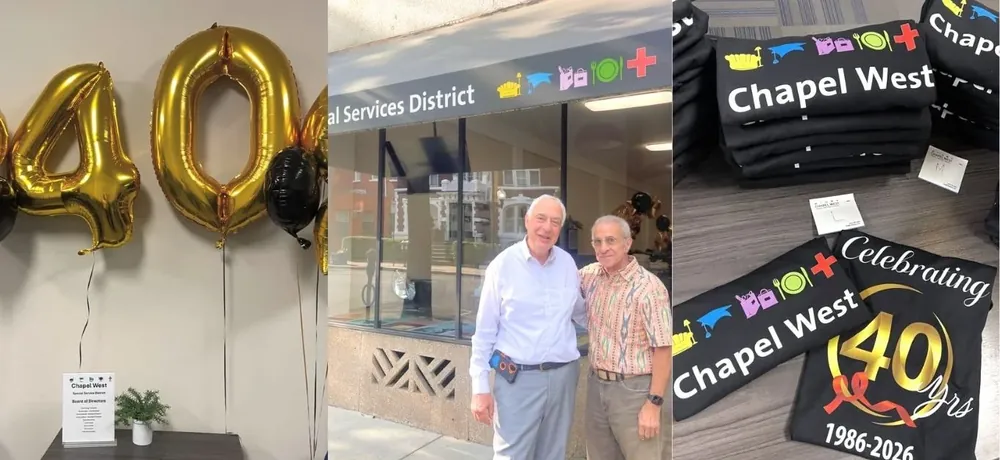Three photographs from the district's 40th anniversary: gold balloons shaped into a 4 and a 0, two men standing outside the Chapel West Special Services District office, and folded black t-shirts printed 'Celebrating Chapel West 40 yrs, 1986-2026'.