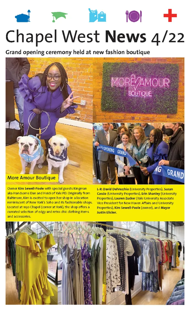 Front page of the April 2022 Chapel West News: the grand opening of More Amour Boutique at 1130 Chapel Street.