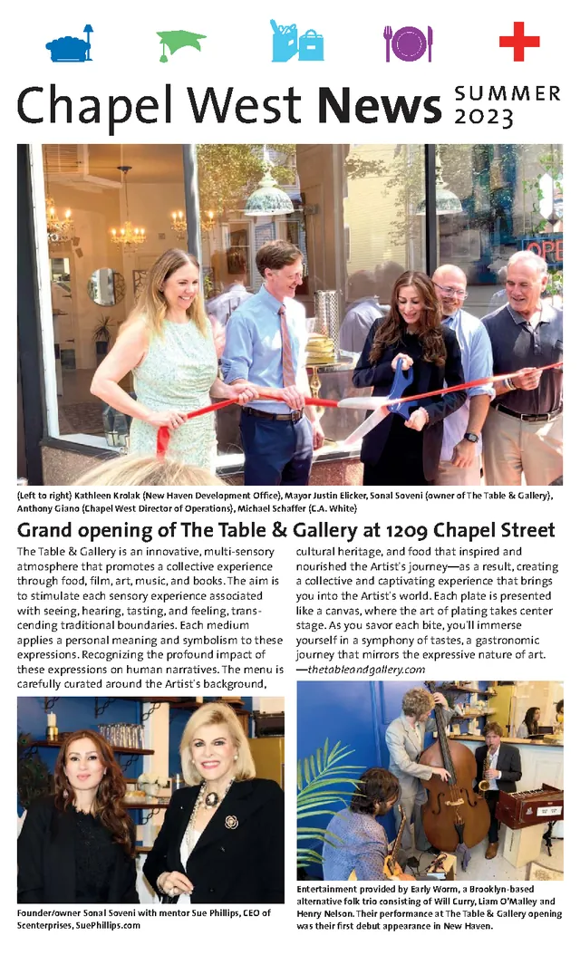 Front page of the summer 2023 Chapel West News: a ribbon cutting at The Table & Gallery, 1209 Chapel Street.