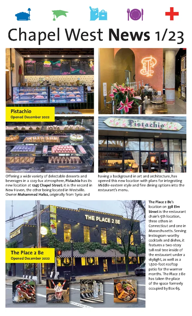 Front page of the January 2023 Chapel West News, led by the opening of Pistachio.