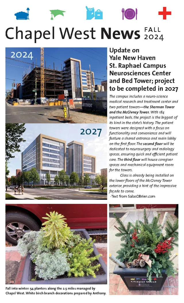 Front page of the fall 2024 Chapel West News, led by an update on Yale New Haven's St. Raphael campus.