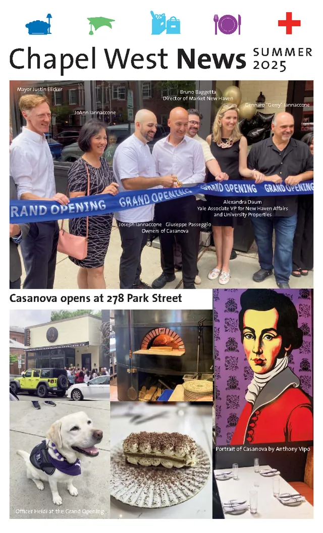 Front page of the summer 2025 Chapel West News, led by the opening of Casanova on Park Street.