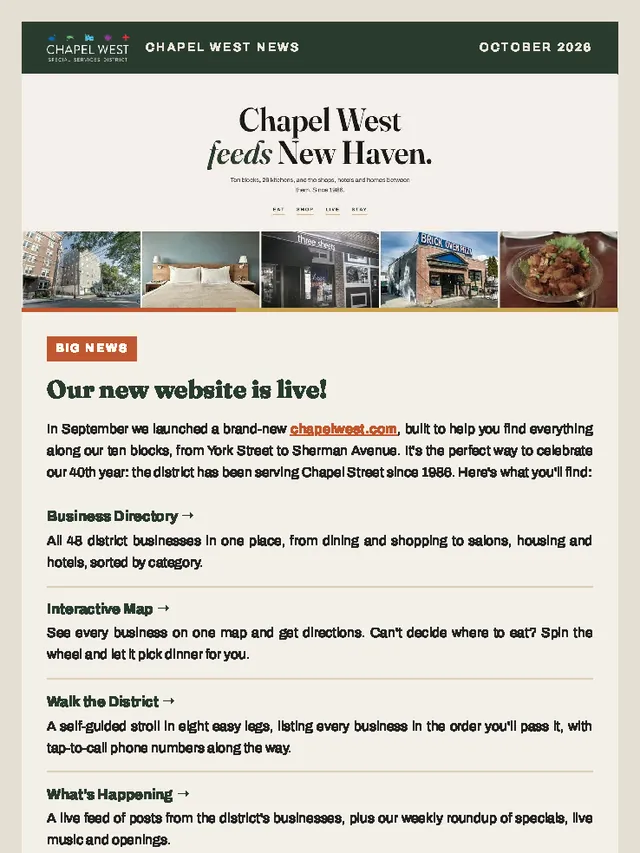 Top of the October 2026 Chapel West News, announcing the new chapelwest.com under the homepage's own headline, Chapel West feeds New Haven.