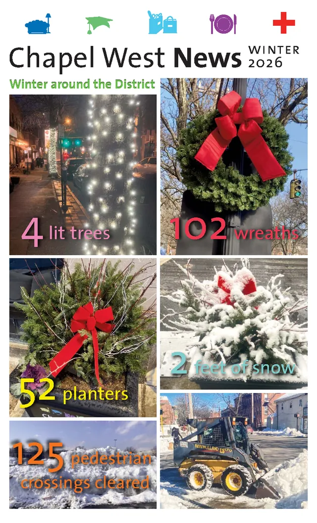 Front page of the winter 2026 Chapel West News, counting the lights, wreaths and planters the district put up over the holidays.