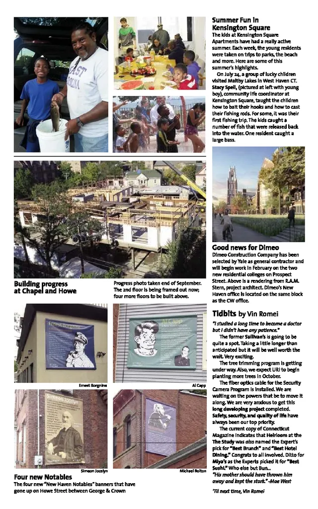 A page from the bound archive: a summer cookout in Kensington Square, construction at Chapel and Howe, and four painted Notables banners on Howe Street.