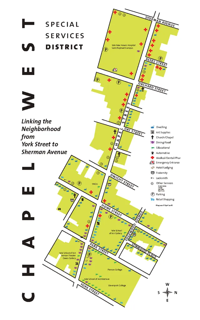 The district's own map, "linking the neighborhood from York Street to Sherman Avenue", dated April 2018. It opens the bound archive.