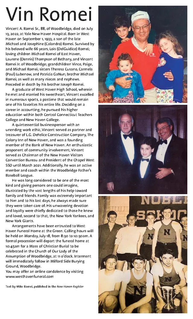 The district's remembrance of Vin Romei: an obituary column beside three family photographs.