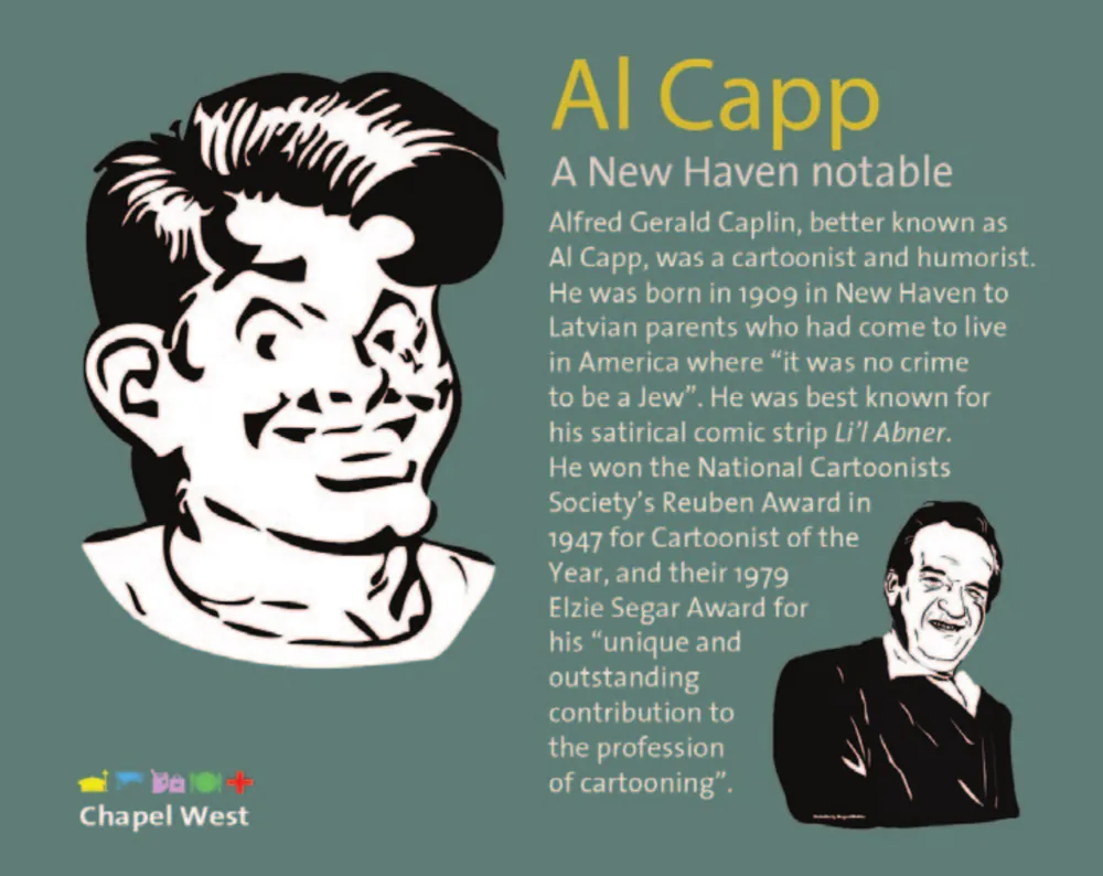 Al Capp's comic character Li'l Abner in black and white beside a small portrait of Capp himself, on slate teal.