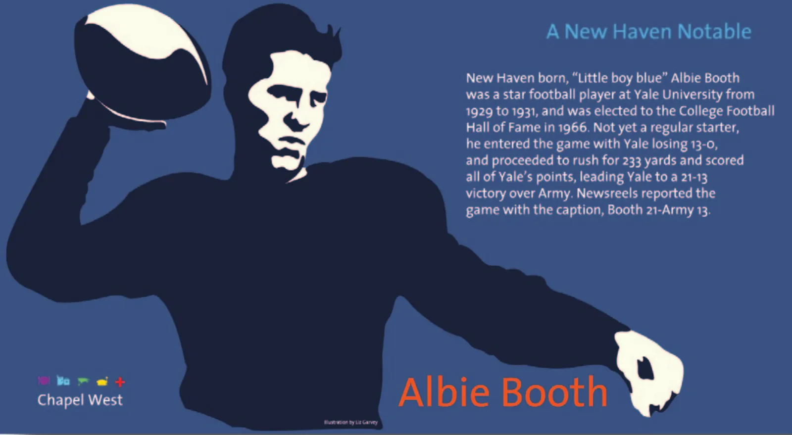 Albie Booth in mid-throw with a football raised, drawn in two blues against a lighter blue ground.