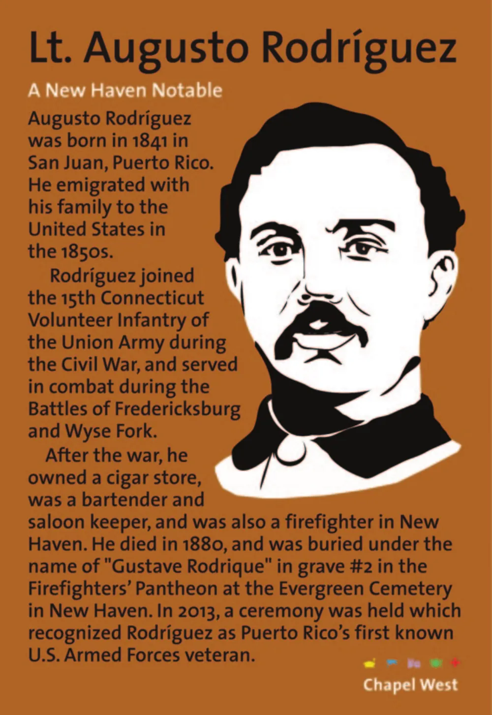 Black and white portrait of Lieutenant Augusto Rodriguez with a moustache and uniform collar, on a warm ochre ground.