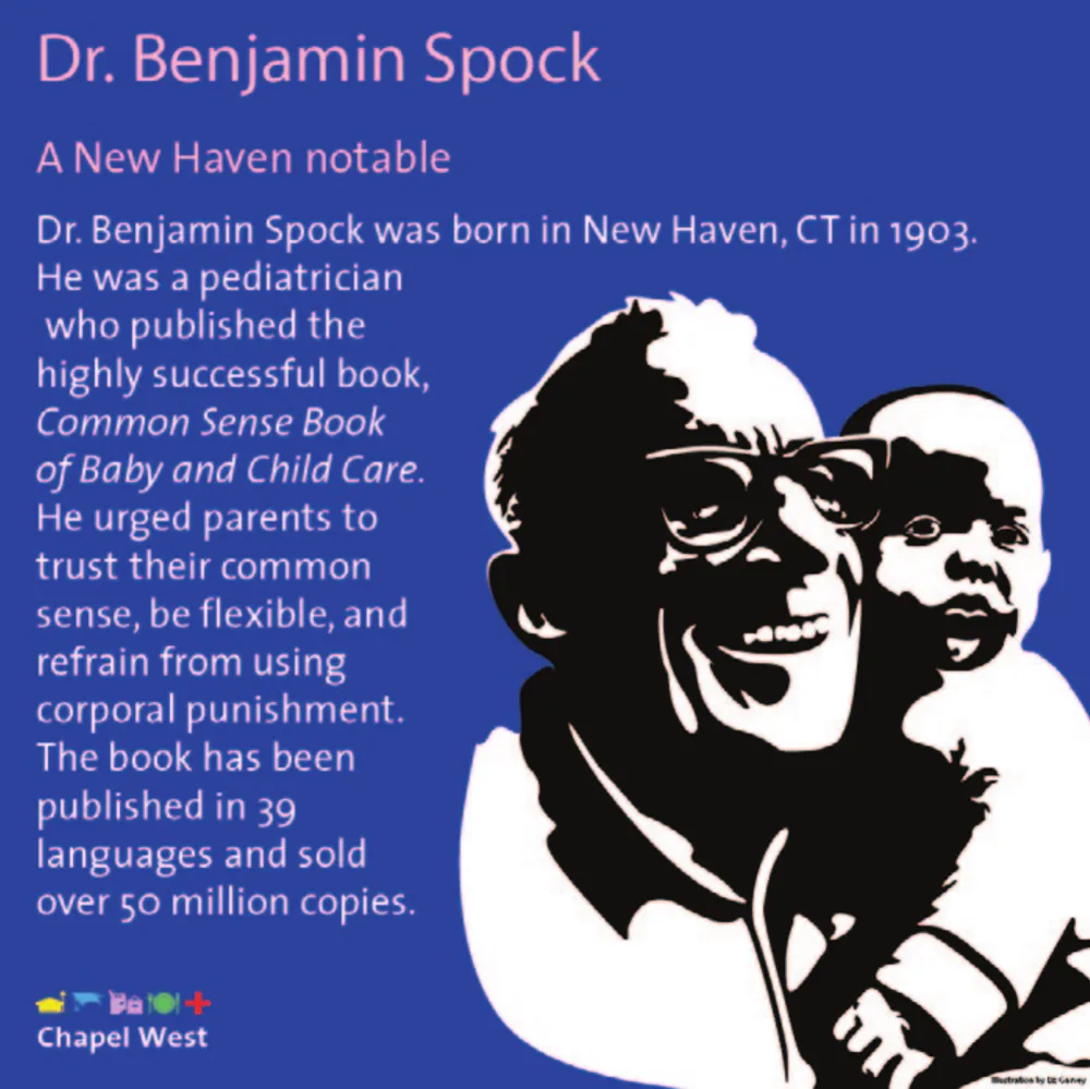 Dr. Benjamin Spock in glasses holding a baby, white on cobalt blue.