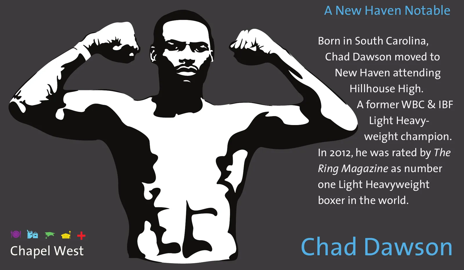 Chad Dawson facing forward with both arms raised in a double biceps pose, in black and white on charcoal.