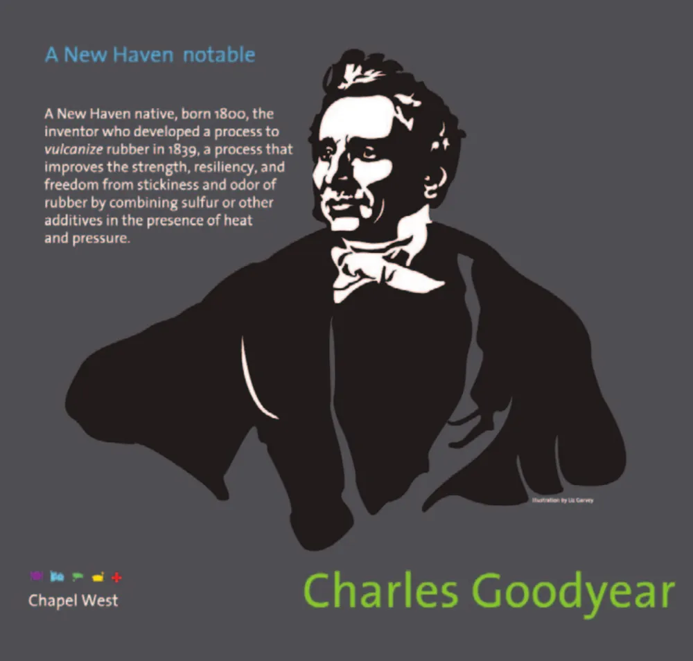 Engraving-style portrait of Charles Goodyear in a high collar and cravat, white on grey.