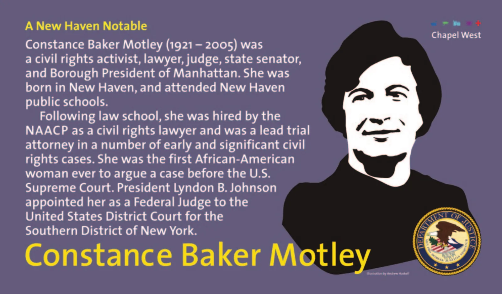 Black and white portrait of Constance Baker Motley on a muted violet ground, with the seal of the Department of Justice.