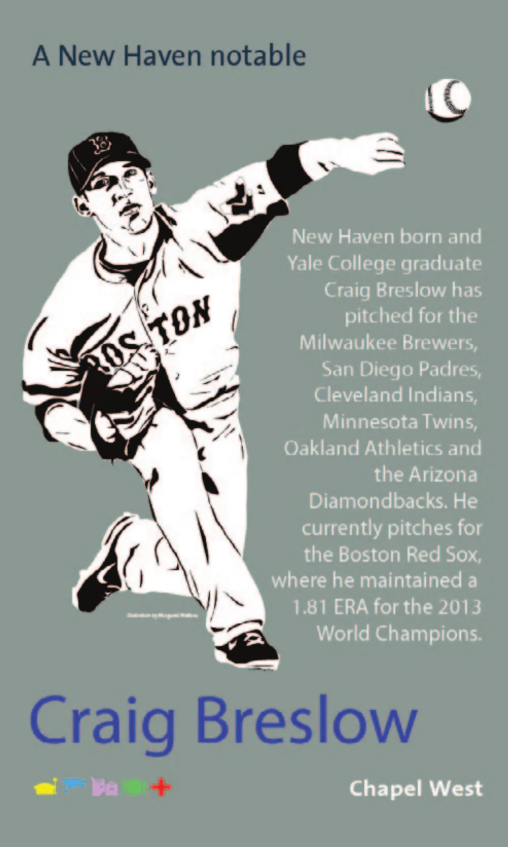 Craig Breslow in a Boston uniform at the top of his delivery, black and white on sage green.