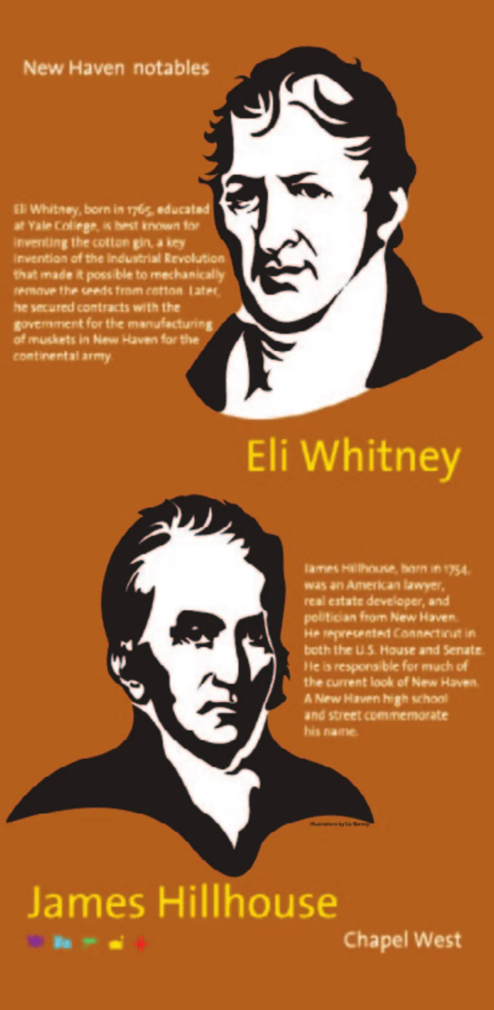 Two black and white portraits stacked on a burnt orange ground: Eli Whitney above, James Hillhouse below.