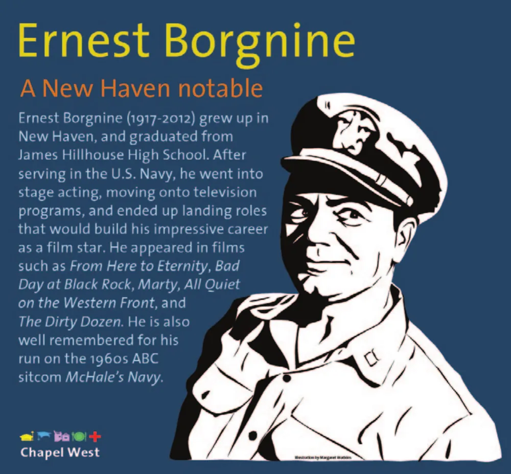 Ernest Borgnine in naval officer's cap and uniform, drawn in black and white on navy blue.