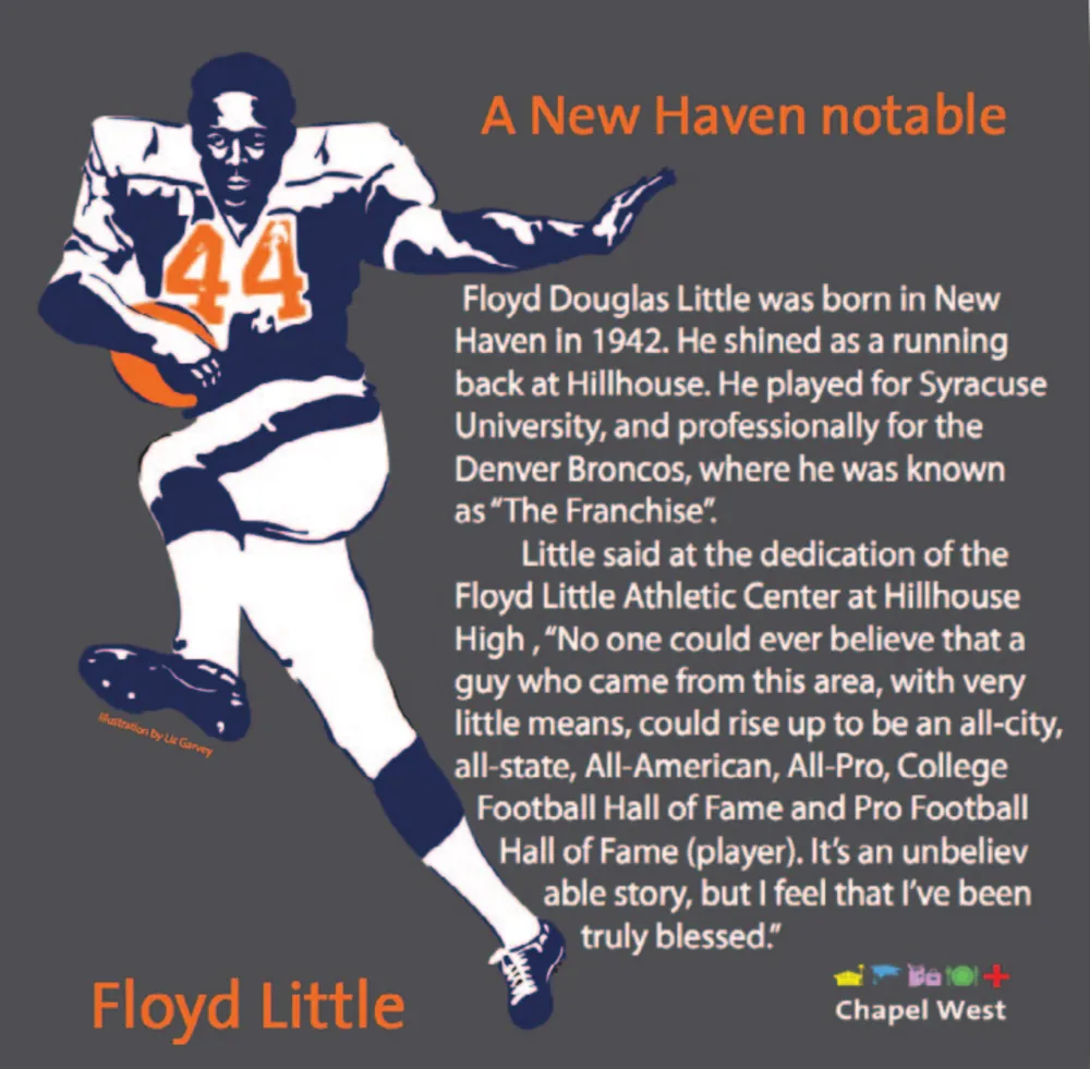 Floyd Little running in a number 44 Broncos jersey, drawn in navy and orange on grey.