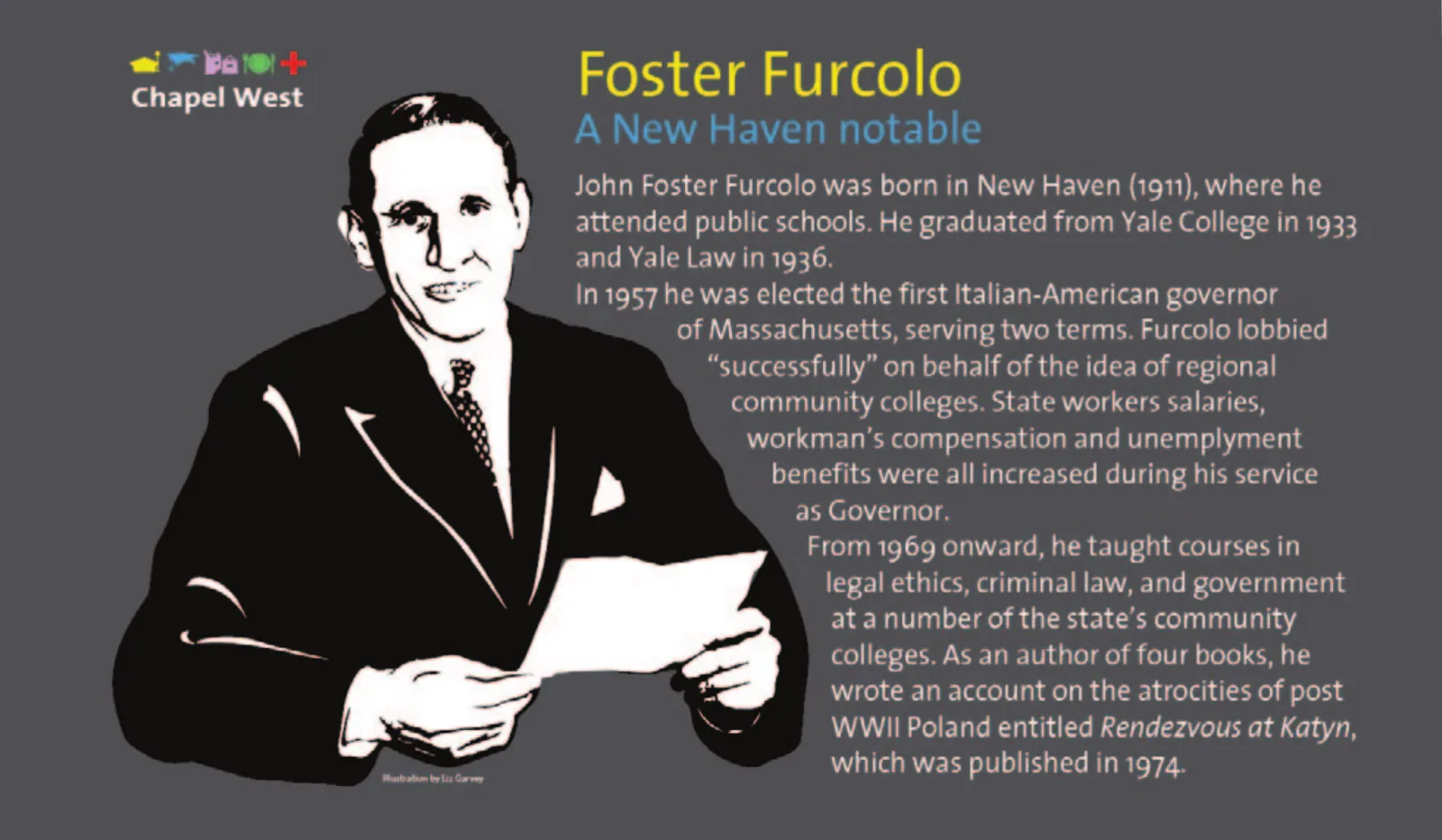 Foster Furcolo in a suit holding a sheet of paper, black and white on grey.