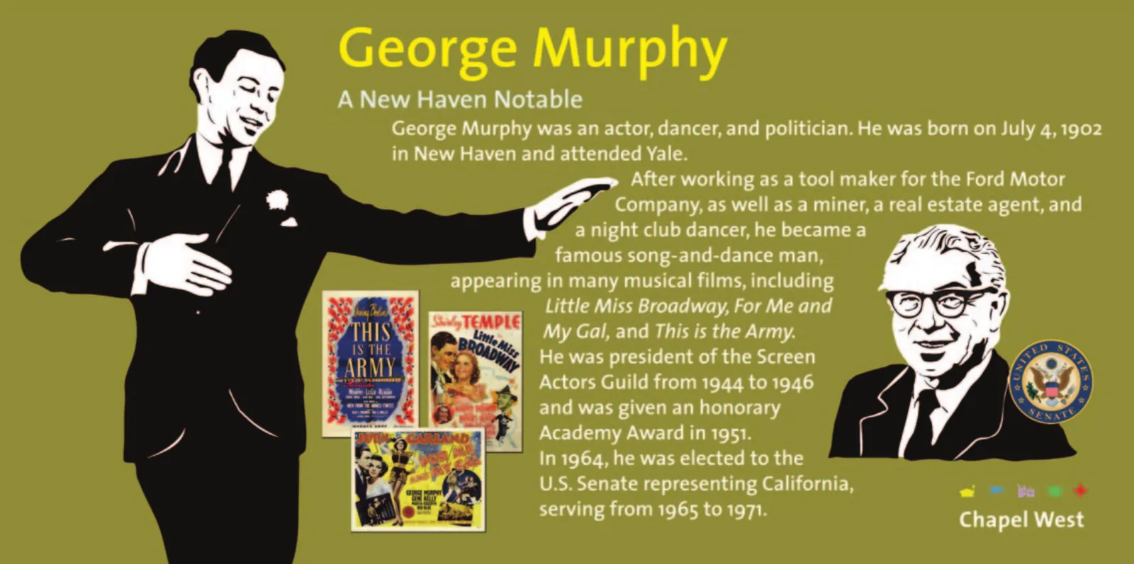 George Murphy in white tie mid-dance step, with film posters and a later portrait beside the U.S. Senate seal, on olive.