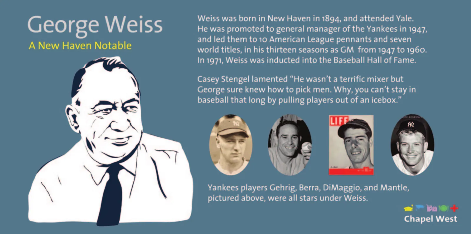 George Weiss in a dark tie, white on steel blue, above small photographs of four Yankees players.