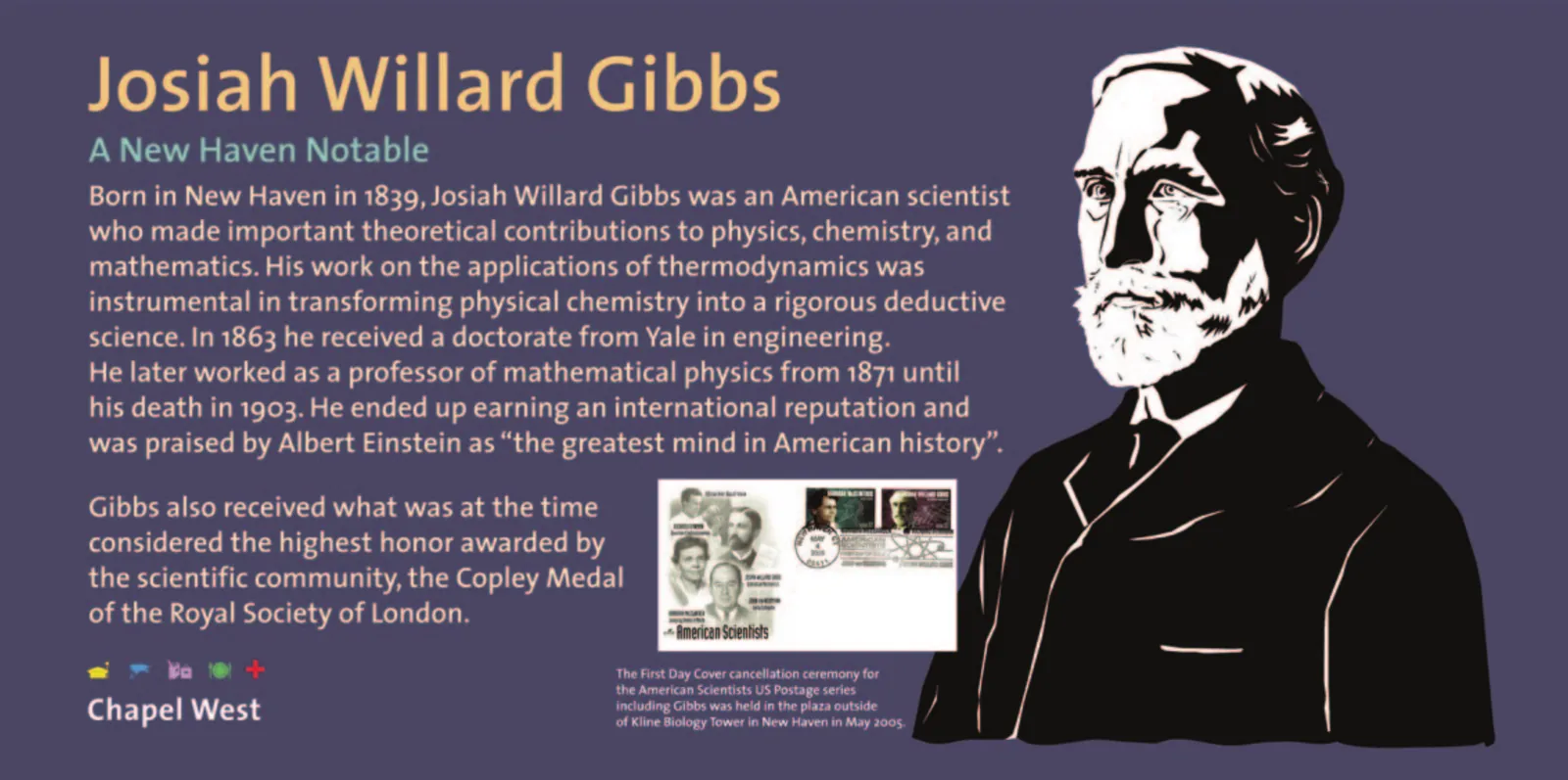 Bearded portrait of Josiah Willard Gibbs in white on black, beside a first-day cover of the American Scientists stamp series.