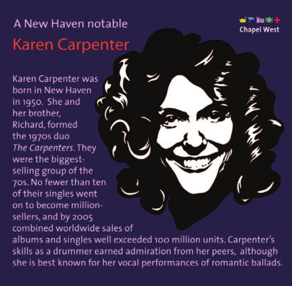 Cut-paper style portrait of Karen Carpenter smiling, in white and black against deep purple.