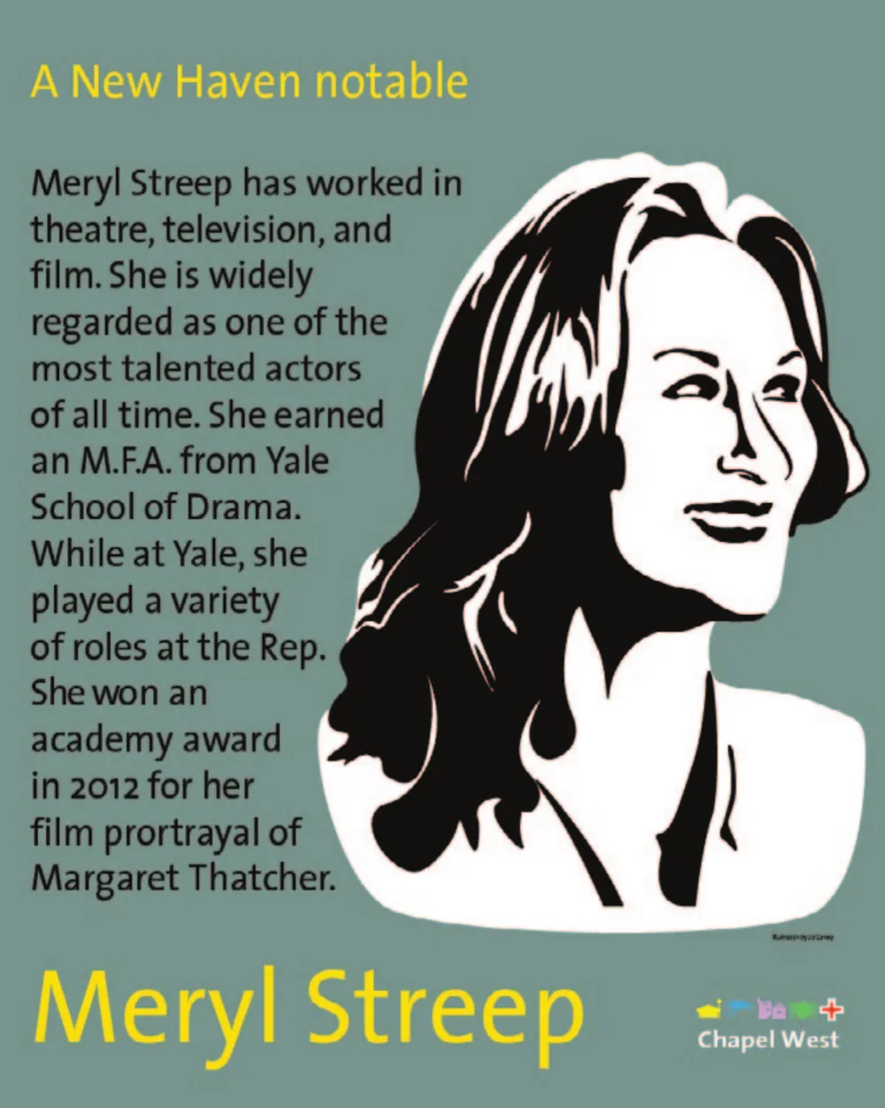 Black and white portrait of Meryl Streep in three-quarter view, hair loose, on a soft teal ground.