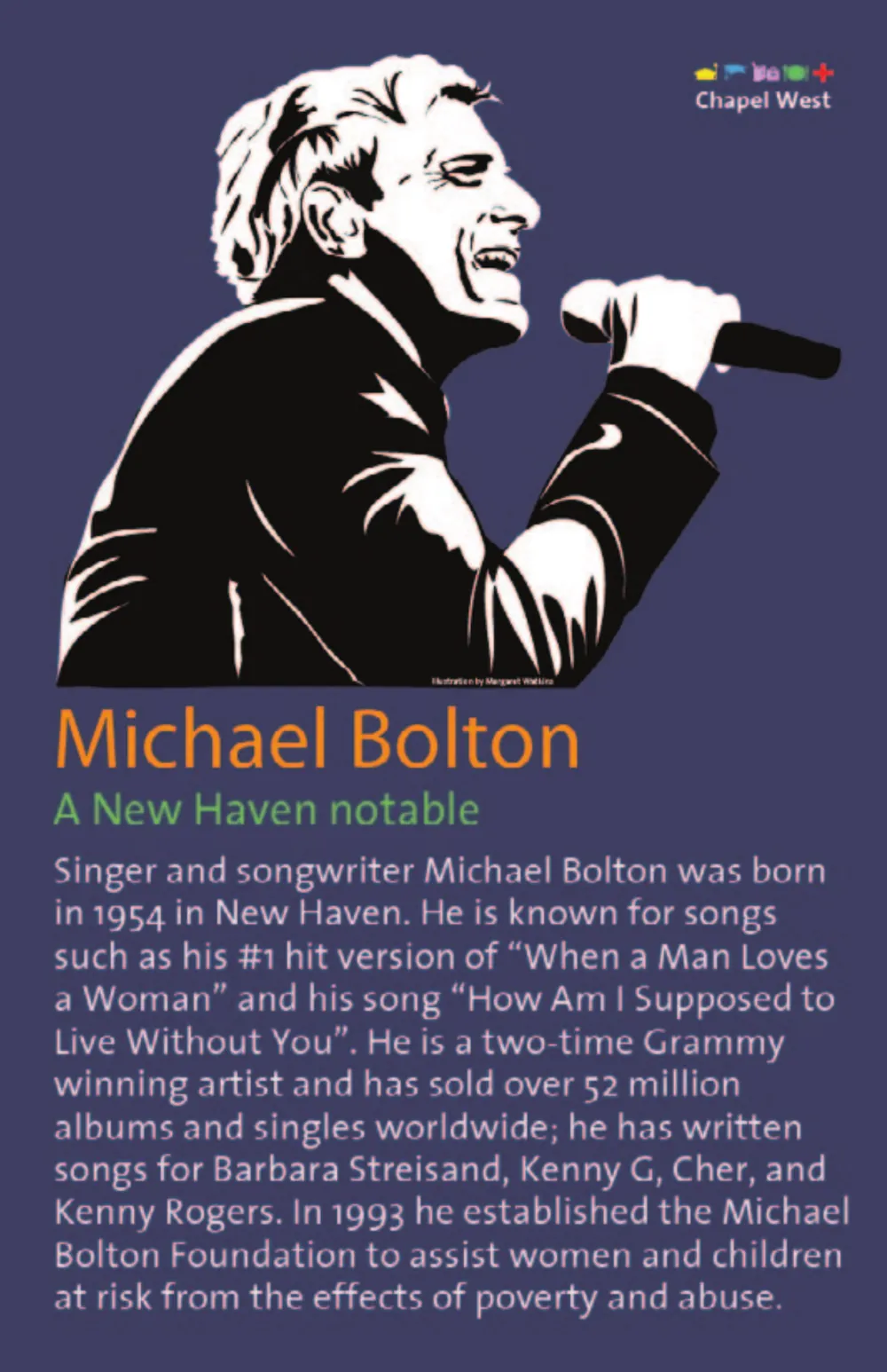 Michael Bolton singing into a hand-held microphone, drawn in white line on a blue-violet ground.
