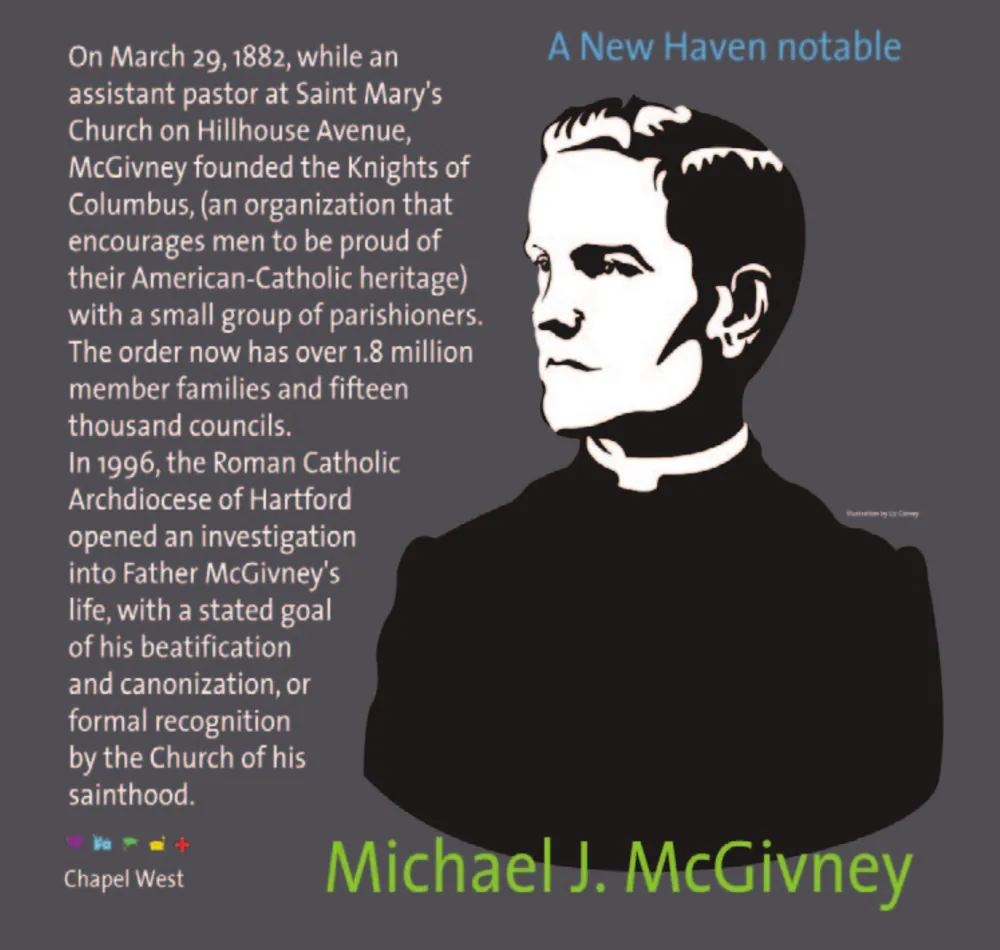 Black and white portrait of Father Michael J. McGivney in a Roman collar, on a slate grey ground.