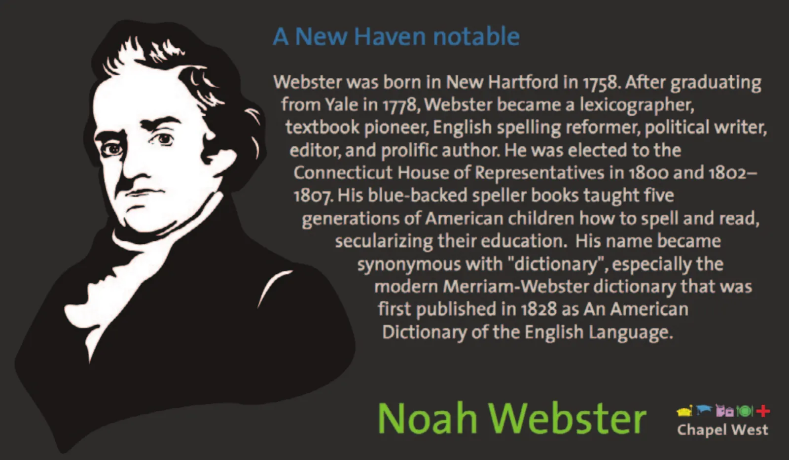 Black and white portrait of Noah Webster in a high-collared coat, on near-black.
