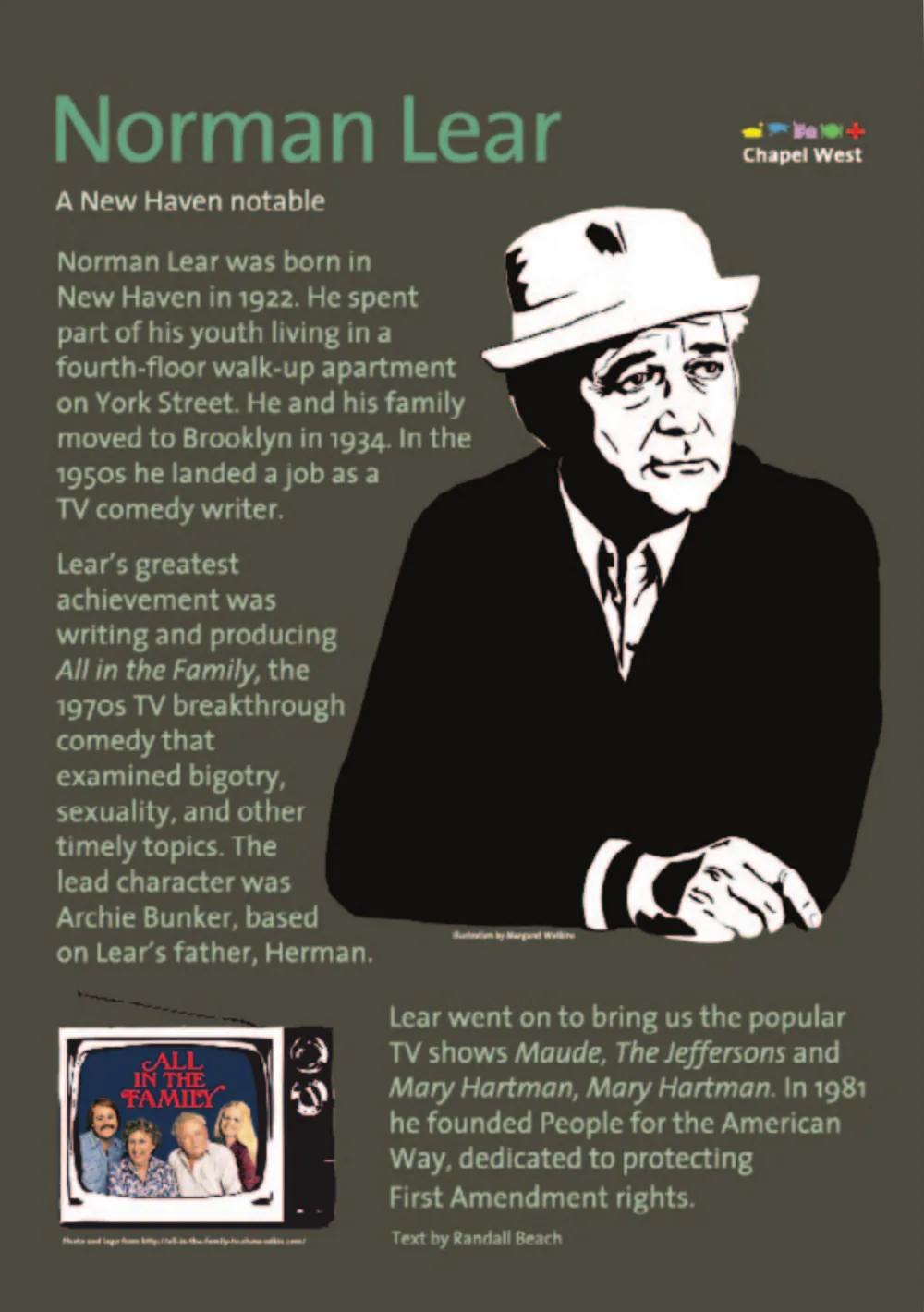 Norman Lear in his trademark white hat, drawn in black and white on olive, with a small period television set below.