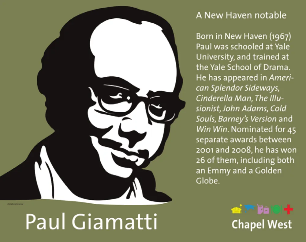 High-contrast black and white portrait of Paul Giamatti in glasses, on an olive green ground.