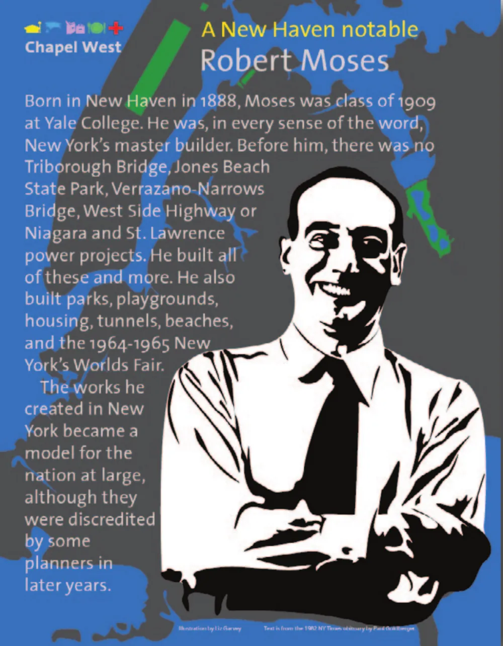 Robert Moses in shirtsleeves with arms folded, black and white over a stylised map of the New York shoreline.