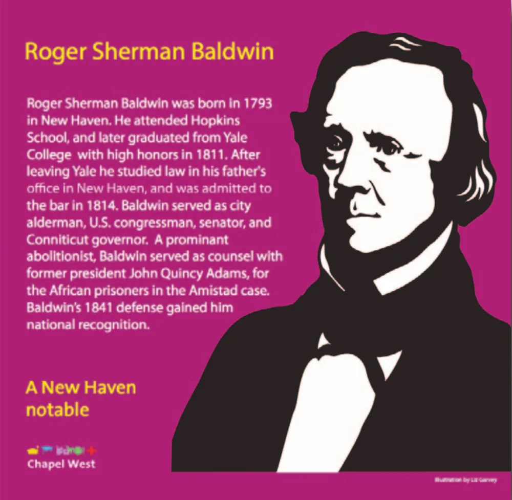 Black and white portrait of Roger Sherman Baldwin with long side-swept hair, on magenta.