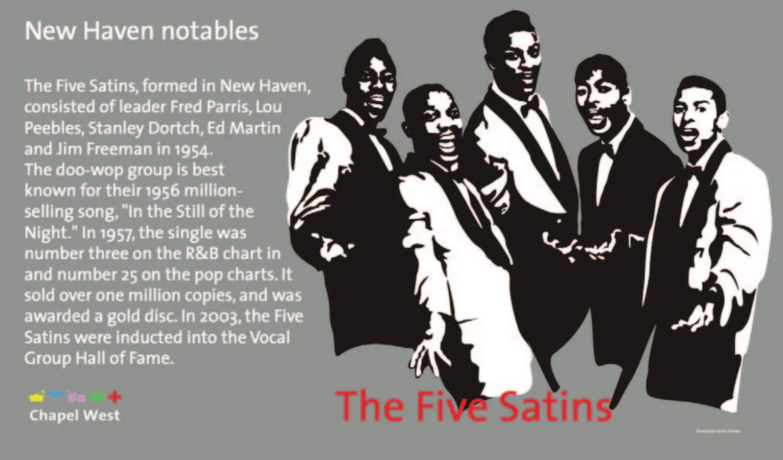 The five members of the group in stage suits, drawn in black and white on a silver-grey ground.