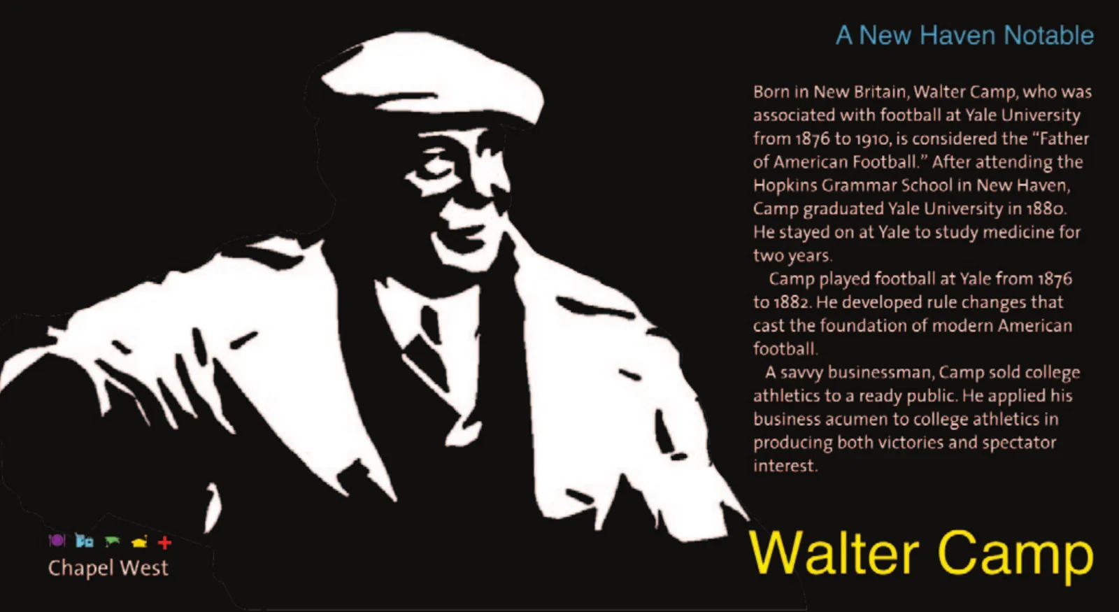 Walter Camp in a flat cap and overcoat, white on black.